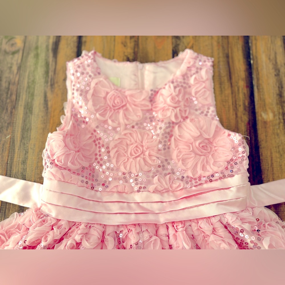 Pink Floral Sequin Dress. Special Occasion w/ satin tie. Skirt tulle lined.